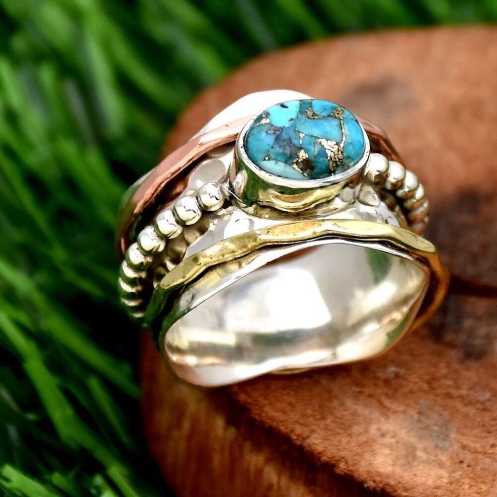 Boho Faux Turquoise Wide Spinner Ring Silver and Gold Tone Textured Size 7